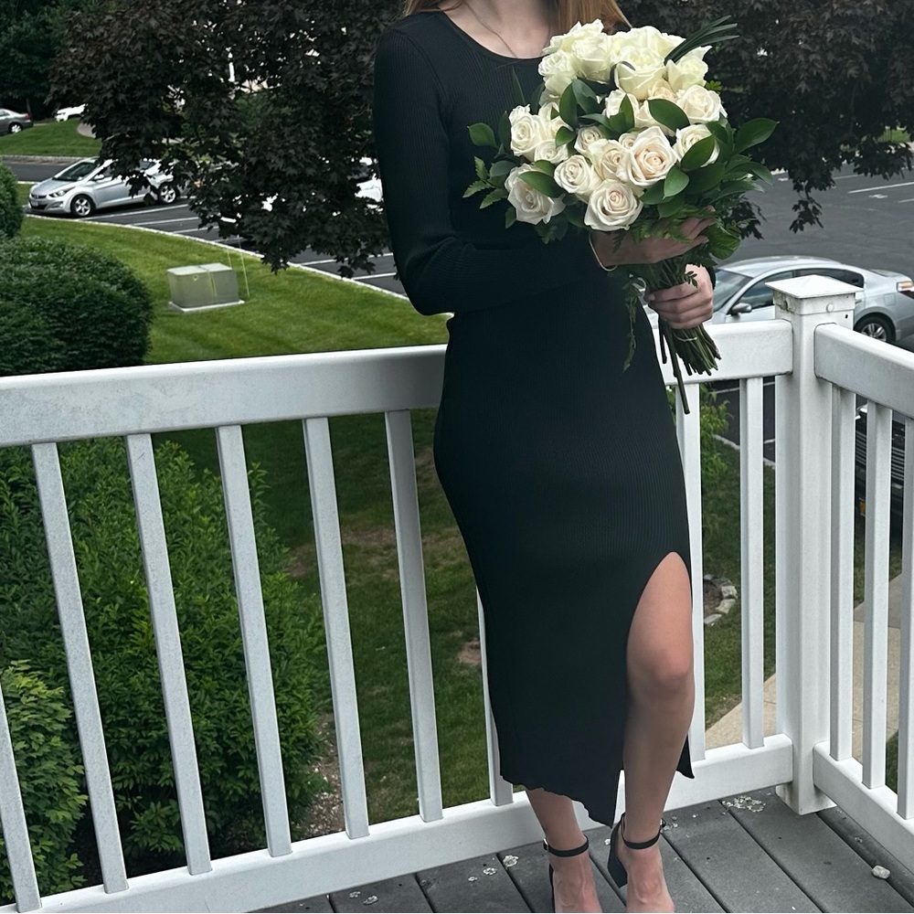 Black Bodycon Long Sleeve Midi Dress S Minimalist Chic Fitted Elegant Y2K